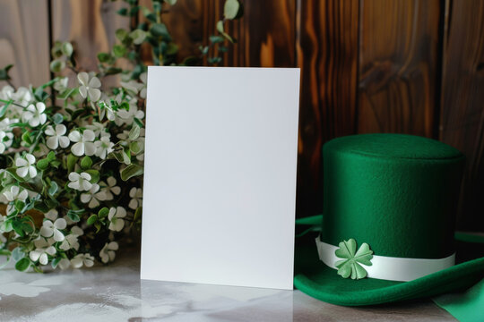 St. Patrick's Day celebration, a blank card mockup, green leprechaun hat with shamrock, and brown wooden backdrop