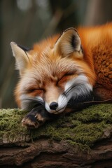 Images of a Red Fox Sleeping Peacefully on a Moss-Covered Log.