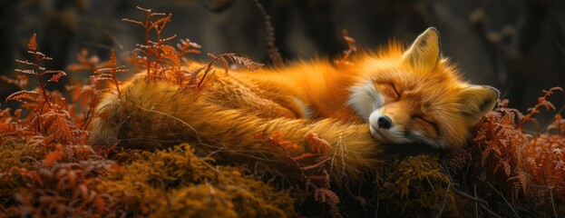 Sleepy Fox: Stunning Photos Capturing a Red Fox Napping on a Log Covered in Moss.
