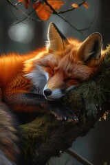 Fox Nap: Beautiful Pictures Showing a Red Fox Resting Comfortably on a Mossy Log.