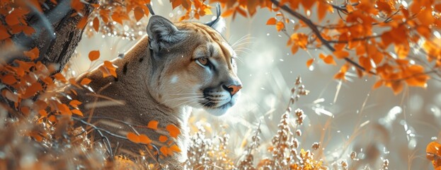 a mountain lion in autumn leaves, in the style of spectacular backdrops
