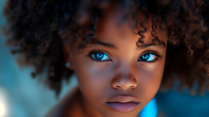 Fototapeta premium Retrato de niña negra joven, morena de ojos claros, primer plano, con fondo desenfocado