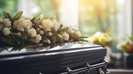 Scene with a coffin in a church. Funeral ceremony.
