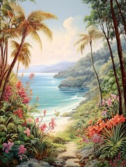Tropical Beach Art in Serene Bamboo Forests: Vintage Painting and Nature Retreat