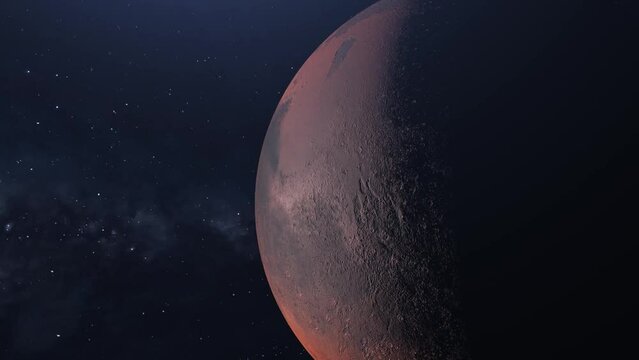 Slow flight over Mars. Milky Way and Mars background. Space look.