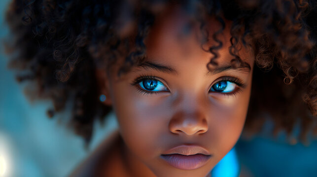 Retrato de niña negra joven, morena de ojos claros, primer plano, con fondo desenfocado