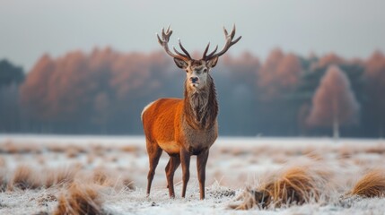 a red deer stands on a white field, in the style of dark orange and dark gold