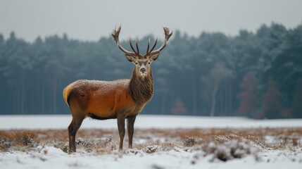 Naklejka na ściany i meble a red deer stands on a white field, in the style of dark orange and dark gold