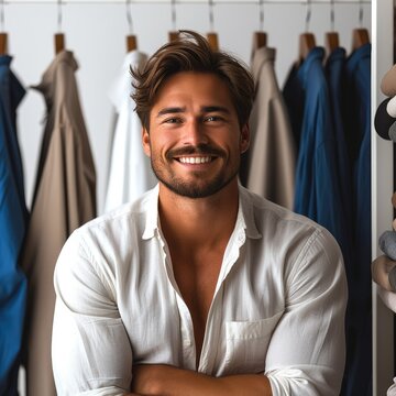 A Young muscle men wearing clothes in the fitting room, smiling confident on white background. Generative AI.