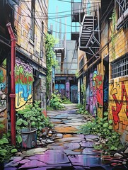 Fototapeta premium Urban Graffiti Alleyways - Acrylic Landscape Art: Alley View, Street Mural Scene