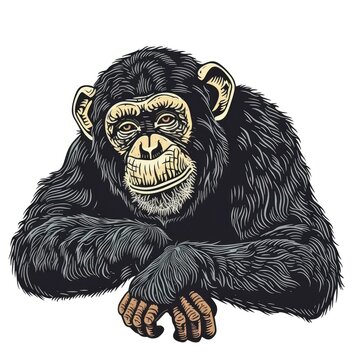 Colored picture of monkey, woodcut, old vintage style, hand drawn simple graphics, isolated on white background
