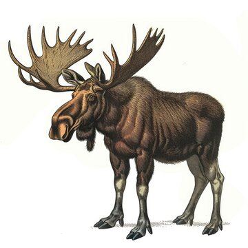 Colored picture of moose, woodcut, old vintage style, hand drawn simple graphics, isolated on white background