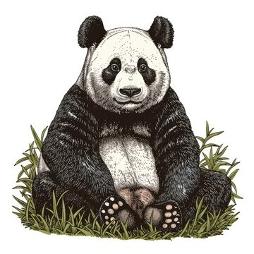 Colored picture of panda, woodcut, old vintage style, hand drawn simple graphics, isolated on white background