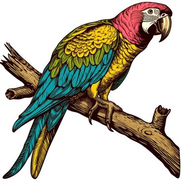 Colored picture of parrot, woodcut, old vintage style, hand drawn simple graphics, isolated on white background