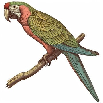 Colored picture of parrot, woodcut, old vintage style, hand drawn simple graphics, isolated on white background