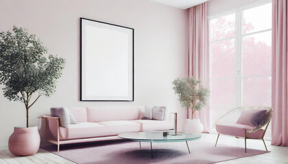 Single vertical superbig glossy frame mockup, reflective glass, mockup poster on the wall of living room. Interior mockup. Apartment background. Modern Japandi interior design. 3D render