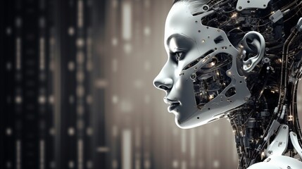 Fototapeta premium Female android with cybernetic enhancements. Concept of futuristic biotechnology, Artificial intelligence integration, advanced robotics, sci-fi technology. Copy space