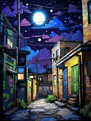 Urban Graffiti Alleyways Night Sky Artwork: Vibrant Expressions of Urban Landscape and Graffiti Scene