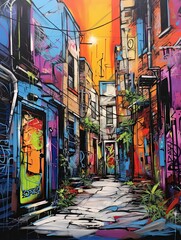 Naklejka premium Urban Graffiti Alleyways: Original Painting Showcase of Alley Artwork portraying Modern Street View
