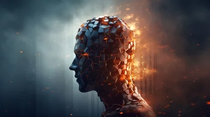 Poster Profile of a head disintegrating into particles against a dark backdrop. Concept of digital transformation, data visualization, Artificial intelligence, and innovation. © Jafree