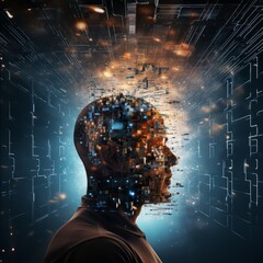 Profile of a head disintegrating into particles against dark background. Concept of digital transformation, data visualization, Artificial intelligence, and innovation.