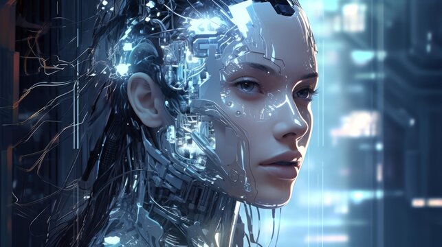 Woman with robotic parts. Concept of human machine synergy, cybernetic organism, future of Artificial intelligence. Copy space. Blue background