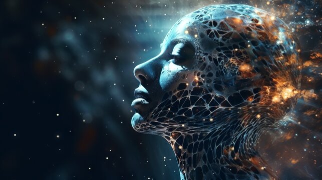 A digital being contemplates a multidimensional universe, a fusion of mind and cosmos. Cosmic Consciousness in artificial intelligence