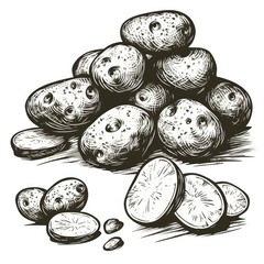Potatoes, woodcut, old vintage style, hand drawn simple graphics, isolated on white background