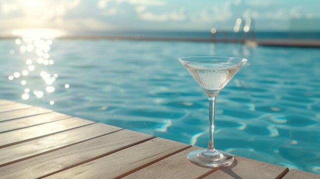cocktail on the pool deck, its crystal-clear glass shimmering in the sunlight against a backdrop of tranquil blue waters, evoking a sense of luxury and relaxation.