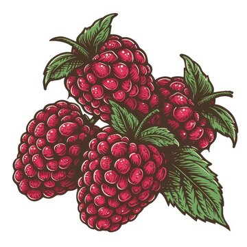 Raspberries, woodcut, old vintage style, hand drawn simple graphics, isolated on white background