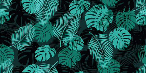 Modern seamless pattern with trendy tropical palm and monstera leaves. Suitable for backgrounds, wallpapers, textiles, prints, and much more. - obrazy, fototapety, plakaty