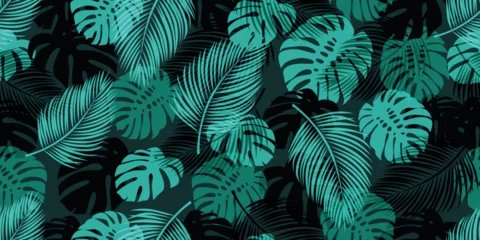 Foto op Canvas Modern seamless pattern with trendy tropical palm and monstera leaves. Suitable for backgrounds, wallpapers, textiles, prints, and much more. © oladolka