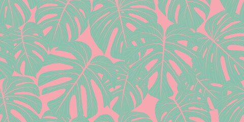 Fototapeta na wymiar Trendy summer seamless vector pattern with monstera leaves on a pink background. Suitable for textiles, fabric, prints, wallpapers, and much more.