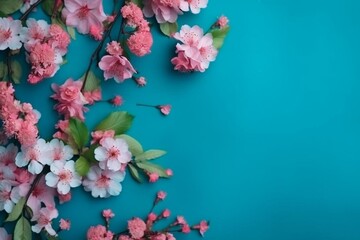 Flowers with pink blossoms on a blue backdrop. Generative AI