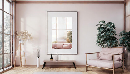 Single vertical superbig glossy frame mockup, reflective glass, mockup poster on the wall of living room. Interior mockup. Apartment background. Modern Japandi interior design. 3D render - obrazy, fototapety, plakaty