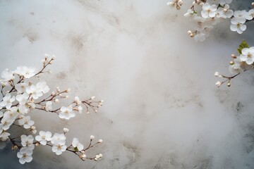 laconic Scandinavian natural background with white flowers in delicate pastel shades. spring minimalistic background with shabby antique wall - obrazy, fototapety, plakaty