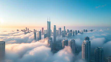 Aerial view of high-rise buildings in the clouds.  - obrazy, fototapety, plakaty