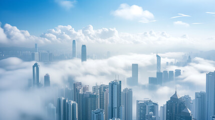 Futuristic panorama of high-rise buildings in the clouds - obrazy, fototapety, plakaty