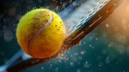 Tennis ball flying through the air with a racket in the background