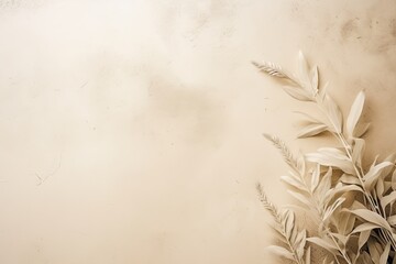 laconic  Scandinavian natural background with leaves, twigs and dried flowers in delicate pastel...