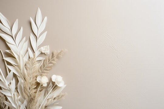 laconic  Scandinavian natural background with leaves, twigs and dried flowers in delicate pastel shades. spring minimalistic background with free space for inscriptions