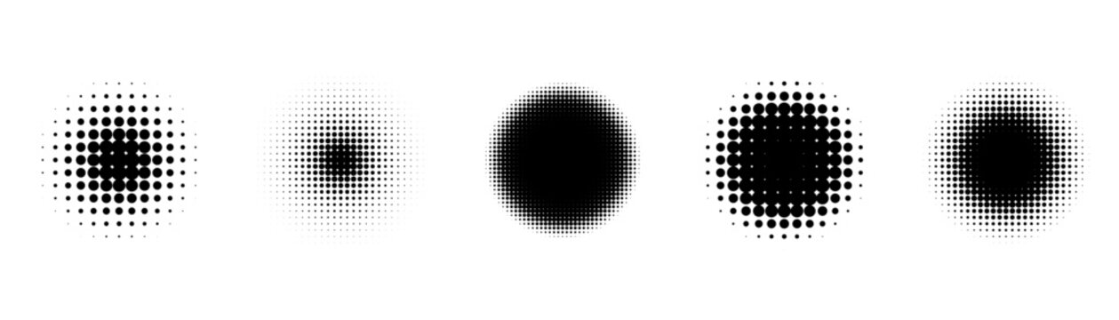 Circle halftones isolated. abstract dotted circles, round halftones geometric dots. vector illustration