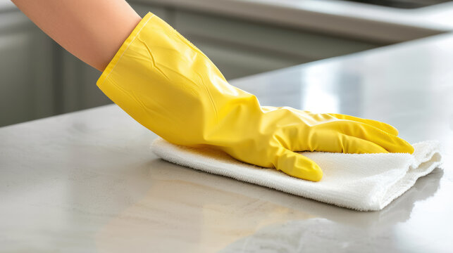 Hand In Yellow Glove Wiping Kitchen Marble Surface , Cleaning  House  Concept