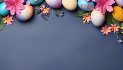 Happy Easter day decoration with colorful eggs, flowers and copy space on dark blue and gray background. Spring card with painted eggs on dark paper surface. Generative AI. - obrazy, fototapety, plakaty