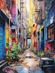 Fototapeta premium Urban Graffiti Alleyways Vintage Art Print: City Mural and Street Art View