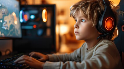 A child sits at a computer and plays game. Generative AI.