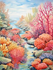 Fototapeta na wymiar Vintage Art: Vibrant Coral Landscape - Reef Explorations for Ocean Wall Decor