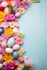 Happy Easter day decoration with colorful eggs, flowers and copy space on soft blue background. Spring card with painted eggs on light paper surface. Generative AI.