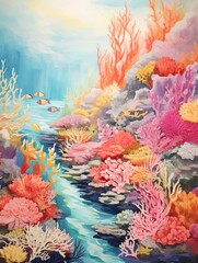 Fototapeta na wymiar Vibrant Coral Reef Explorations: Vintage Art for Ocean Wall Decor
