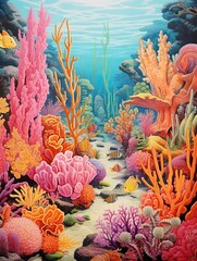 Fototapeta na wymiar Vibrant Coral Reef Exploration: Vintage Art for Ocean Wall Decor